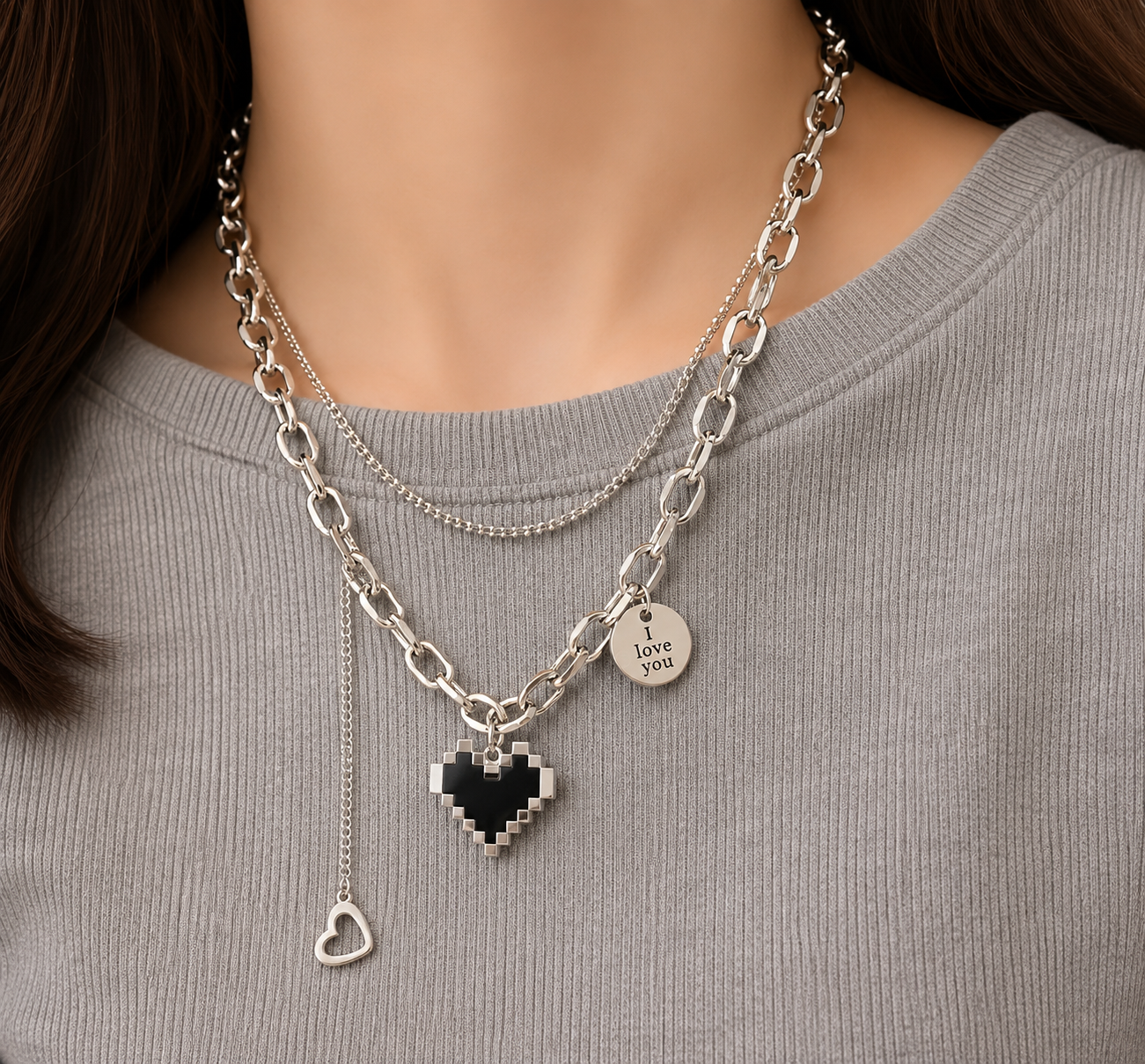 Korean Goth Metal Heart Chain-Necklace