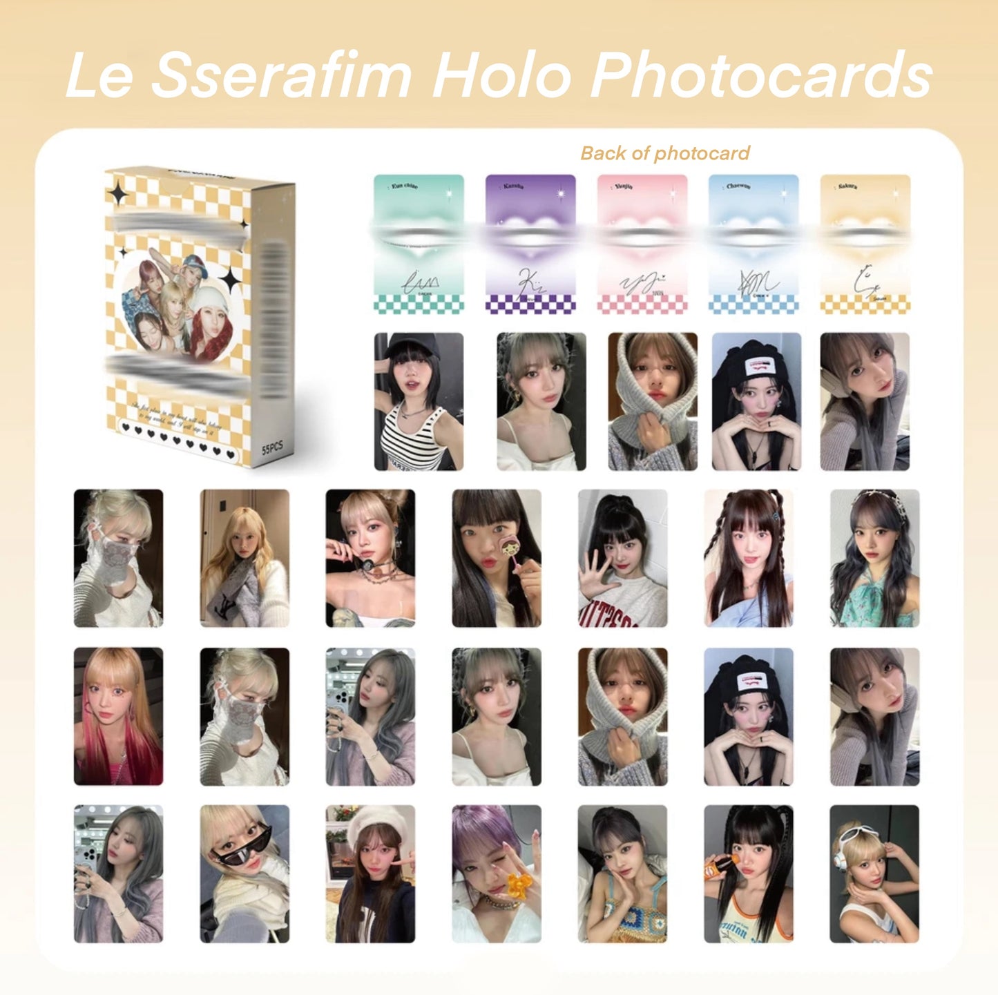 Le sserafim Heart Holographic double sided Photocards (55 pcs)